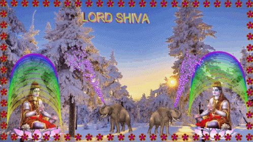 A Picture Of Lord Shiva With Elephants And A Rainbow In The Background GIF