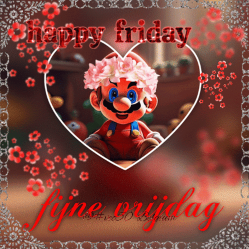 A Picture Of Mario With Flowers On His Head And The Words Happy Friday Fijne Vrijdag GIF