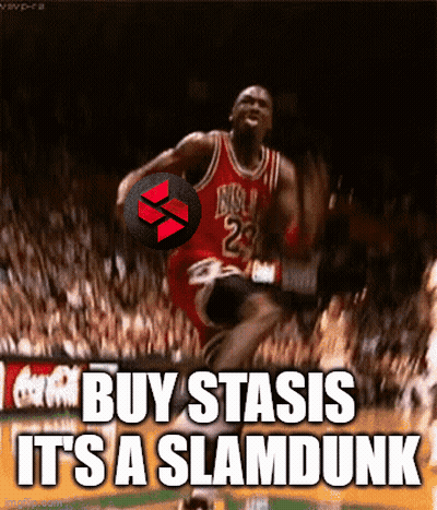 A Picture Of Michael Jordan Jumping In The Air With The Words Buy Stasis It 'S A Slam Dunk Below Him GIF
