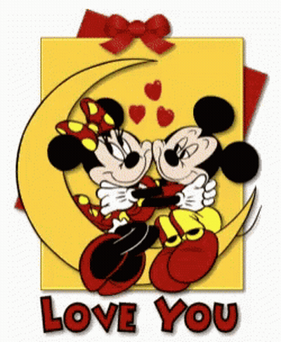 A Picture Of Mickey Mouse And Minnie Mouse Kissing On A Crescent Moon With The Words Love You Below Them GIF