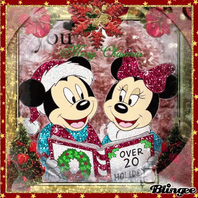 A Picture Of Mickey Mouse And Minnie Mouse Reading A Christmas Book GIF