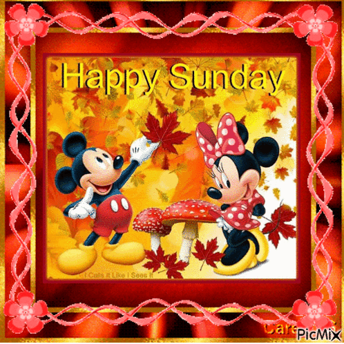 A Picture Of Mickey Mouse And Minnie Mouse With The Words Happy Sunday GIF