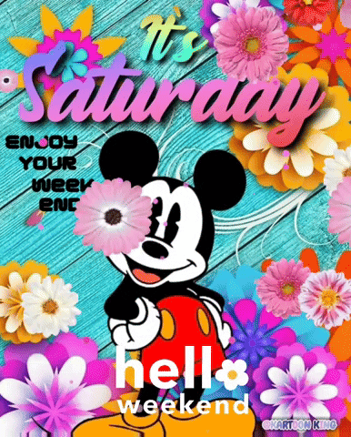 A Picture Of Mickey Mouse Holding A Flower With The Words It 'S Saturday GIF