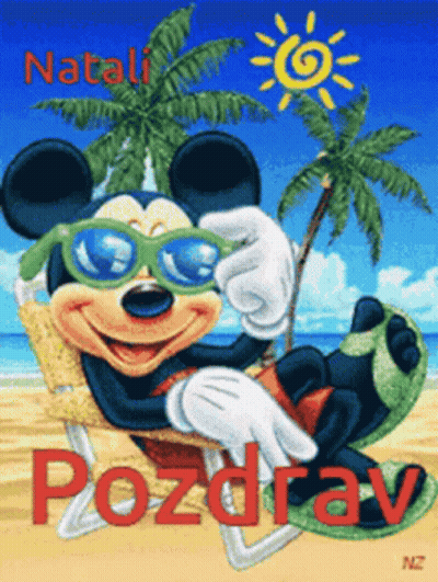 A Picture Of Mickey Mouse Wearing Sunglasses On A Beach With The Word Pozdrav In Red GIF
