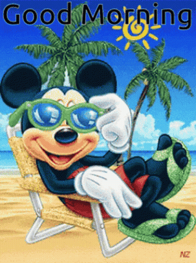 A Picture Of Mickey Mouse Wearing Sunglasses On The Beach With The Words Good Morning GIF