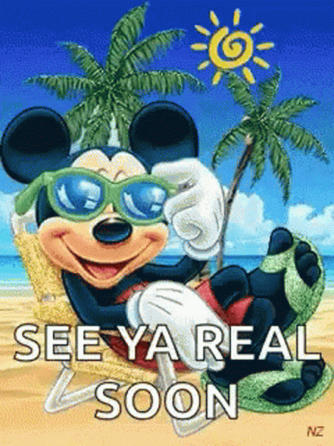 A Picture Of Mickey Mouse Wearing Sunglasses On The Beach With The Words See Ya Real Soon GIF
