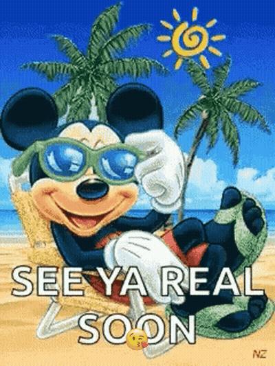 A Picture Of Mickey Mouse Wearing Sunglasses On The Beach With The Words See Ya Real Soon Below Him GIF