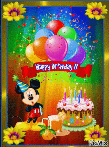 A Picture Of Mickey Mouse With Balloons And A Birthday Cake GIF