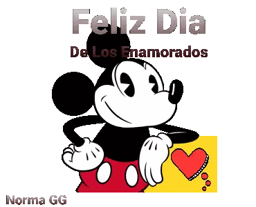 A Picture Of Mickey Mouse With The Words Feliz Dia De Los Enamorados Below Him Sticker