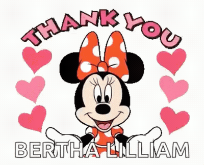 A Picture Of Minnie Mouse Surrounded By Pink Hearts With The Words Thank You Bertha Lilliam GIF