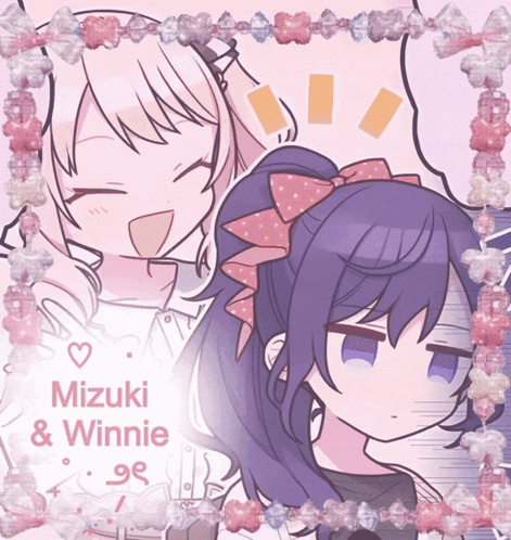 A Picture Of Mizuki And Winnie With A Pink Frame Around Them GIF