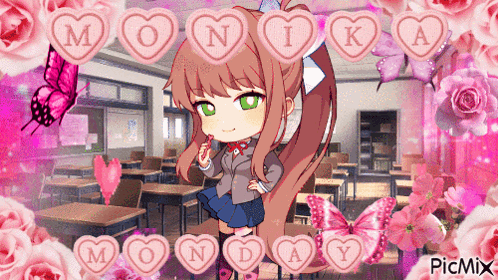A Picture Of Monika In A Classroom With Pink Hearts And Butterflies GIF