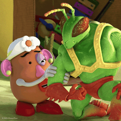 A Picture Of Mrs. Potato Head And A Green Toy From Toy Story GIF