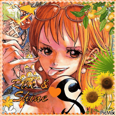 A Picture Of Nami From One Piece With The Words Rise & Shine On The Bottom GIF