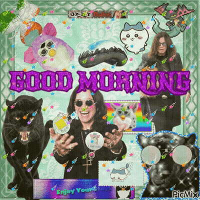 A Picture Of Ozzy Osbourne Is Surrounded By Furby Toys GIF