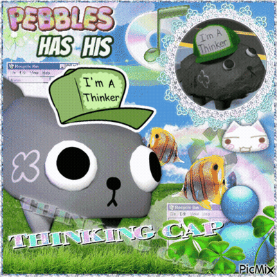 A Picture Of Pebbles Has His Thinking Cap Written On The Bottom GIF