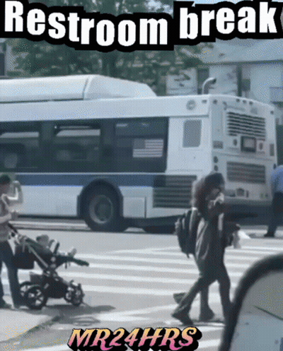 A Picture Of People Crossing A Street With The Caption Restroom Break GIF