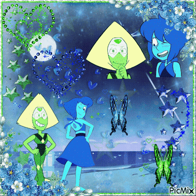 A Picture Of Peridot And Lapis From Steven Universe Surrounded By Butterflies And Flowers GIF