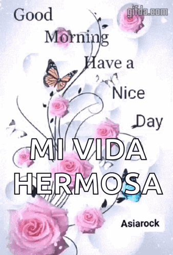 A Picture Of Pink Roses And Butterflies With The Words Good Morning Have A Nice Day Mi Vida Hermosa . GIF