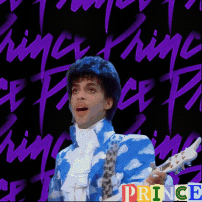 A Picture Of Prince Holding A Guitar In Front Of Purple Writing GIF
