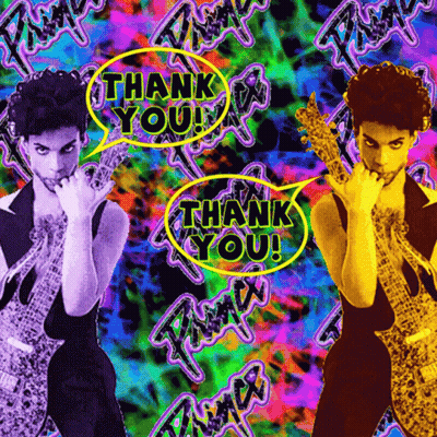 A Picture Of Prince With A Thank You Speech Bubble Above Him GIF