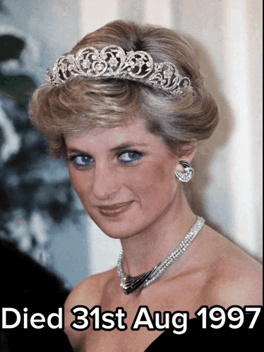 A Picture Of Princess Diana Wearing A Tiara And A Necklace With The Date Died 31St Aug 1997 GIF