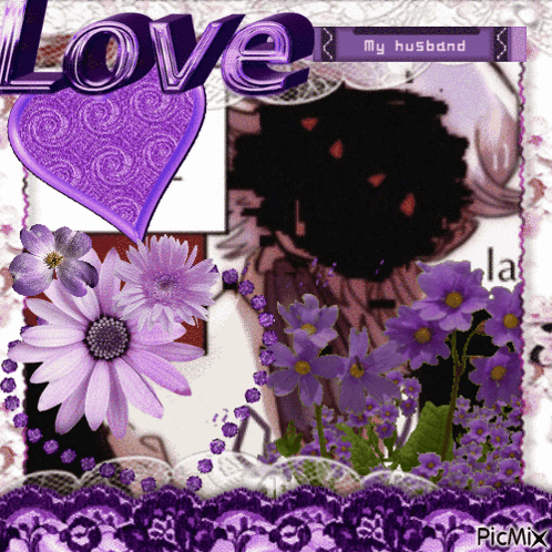 A Picture Of Purple Flowers With The Word Love On Top GIF