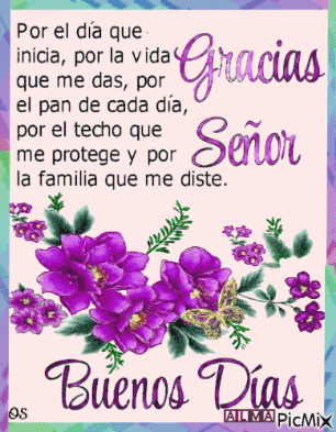 A Picture Of Purple Flowers With The Words Buenos Dias On It GIF
