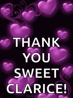 A Picture Of Purple Hearts That Says `` Thank You Sweet Clarice '' GIF
