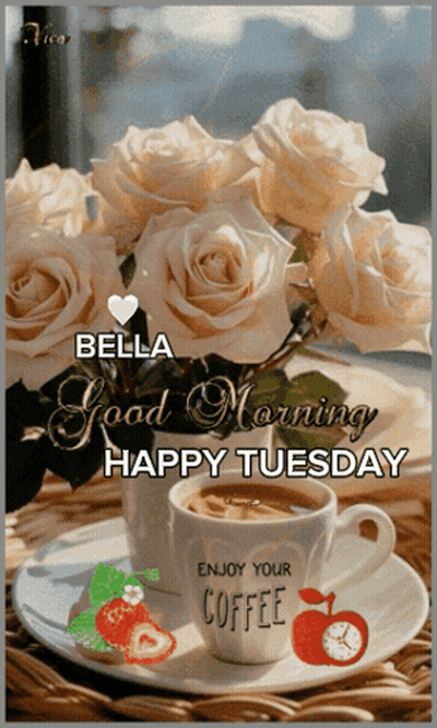 A Picture Of Roses And A Cup Of Coffee With The Words Bella Good Morning Happy Tuesday GIF