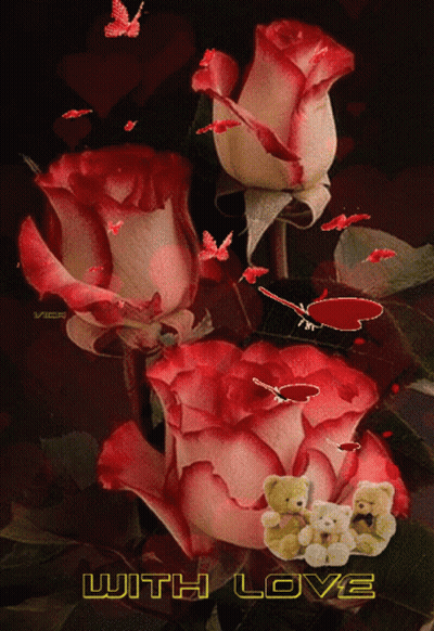 A Picture Of Roses And Teddy Bears With The Words " With Love " In Yellow GIF
