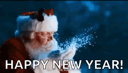 A Picture Of Santa Blowing Snow With The Words Happy New Year In The Background GIF