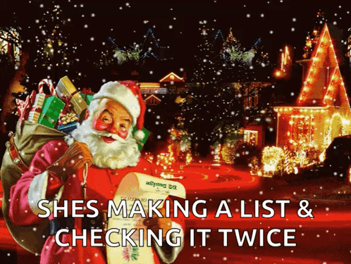 A Picture Of Santa Claus Holding A List That Says Shes Making A List & Checking It Twice GIF
