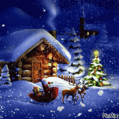 A Picture Of Santa In A Sleigh Pulled By Reindeer With A Christmas Tree In The Background GIF
