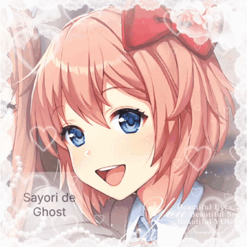 A Picture Of Sayori De Ghost With A Bow On Her Head GIF