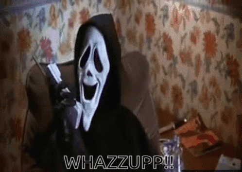 A Picture Of Scream Talking On A Cell Phone With The Caption Whazzupp !!! GIF