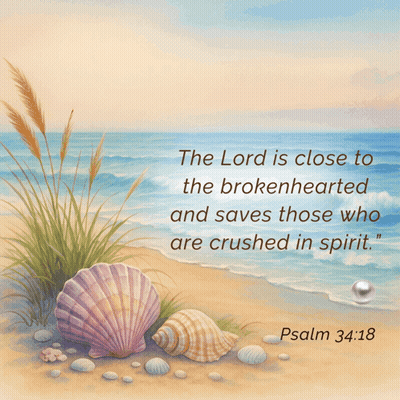 A Picture Of Seashells On The Beach With A Quote From Psalm 34:18 GIF