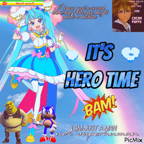 A Picture Of Shrek Sonic And Hatsune Miku With The Words It 'S Hero Time Bam GIF