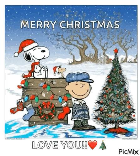 A Picture Of Snoopy And Charlie Brown Standing Next To A Christmas Tree GIF