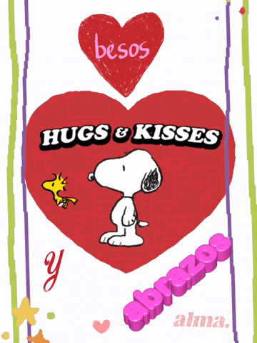 A Picture Of Snoopy And Woodstock With The Words Hugs & Kisses On It GIF