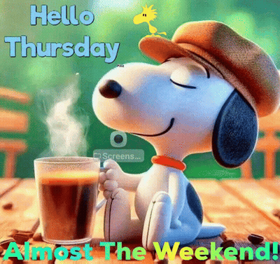 A Picture Of Snoopy Holding A Cup Of Coffee GIF