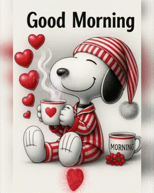 A Picture Of Snoopy Holding A Cup Of Coffee With Hearts Around Him GIF