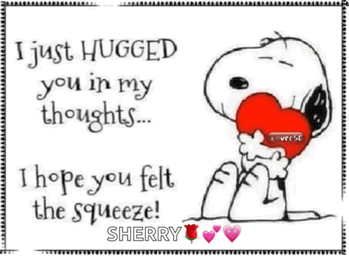 A Picture Of Snoopy Holding A Red Heart With The Words " I Just Hugged You In My Thoughts " GIF