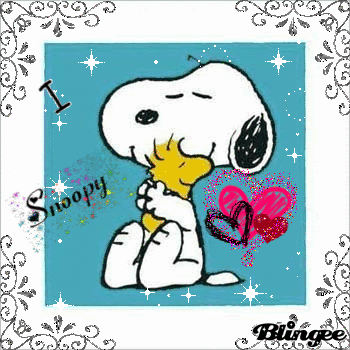 A Picture Of Snoopy Hugging Woodstock With The Words I Love Snoopy Written On It GIF