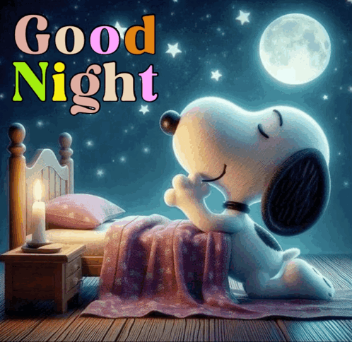 A Picture Of Snoopy Kneeling On A Bed With The Words " Good Night " Above Him GIF