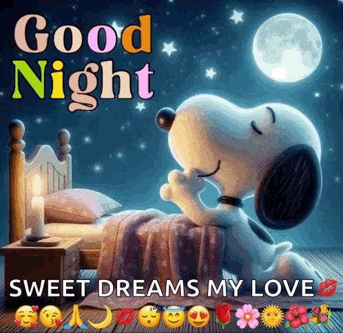 A Picture Of Snoopy Sleeping On A Bed With The Words Good Night Sweet Dreams My Love On It GIF