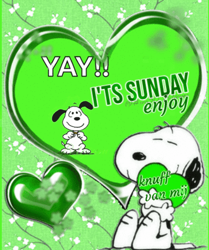 A Picture Of Snoopy With A Green Heart That Says Yay It 'S Sunday Enjoy Knuff Van Mij GIF