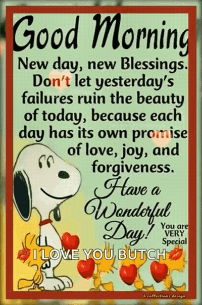 A Picture Of Snoopy With Hearts And A Quote That Says Good Morning New Day , New Blessings . GIF