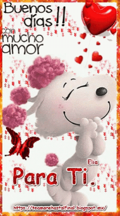 A Picture Of Snoopy With The Words Buenos Dias Con Mucho Amor Written On It GIF