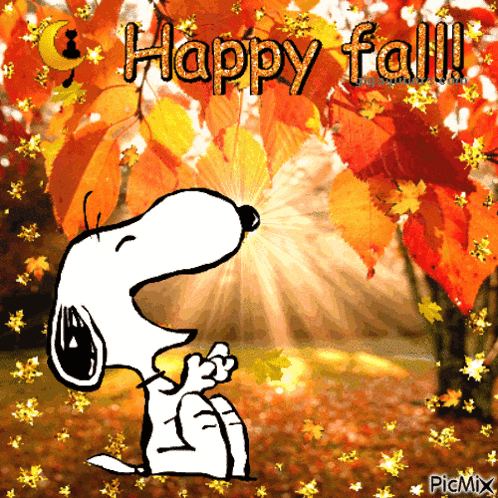 A Picture Of Snoopy With The Words Happy Fall Written On It GIF